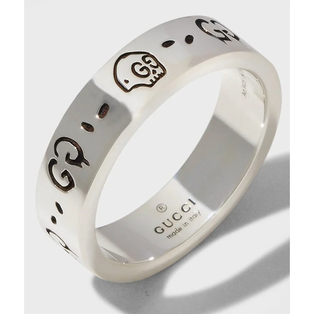 Gucci Ghost Ring Sterling Silver 6mm GG Skull Graffiti Band 477339 Size 16 IT